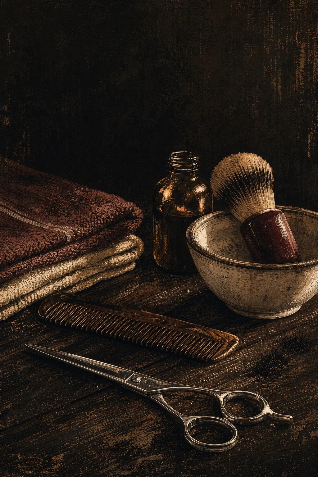Original editorial still life illustration of barbering tools, towels and shaving brush