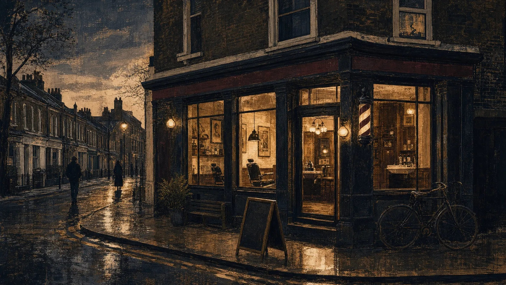 Original editorial illustration of a warm fictional North London barbershop at blue hour